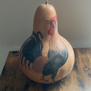 Hand painted Vintage Rooster Gourd Signed Mitzi Dotson 12” Country Decor